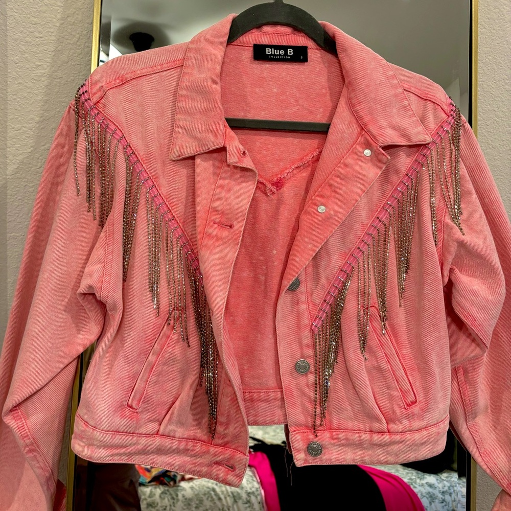 Rhinestone fringe pink denim jacket